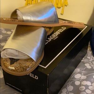 Karl Lagerfield Paris metallic Nappa Silver slides